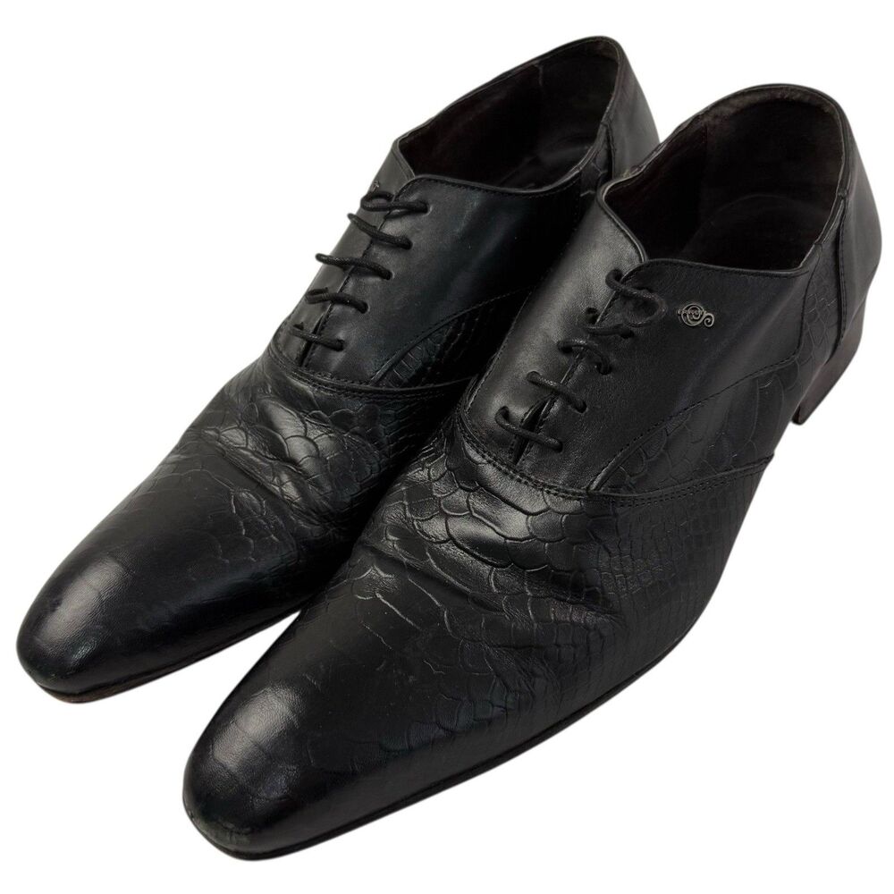 BESPOKE Black Wingtip Dress Shoes Men Size 44 Embossed Snakeskin Pointed Toes 11